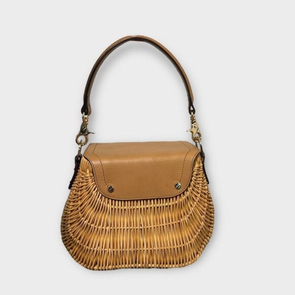 Tory Burch Basket Bag Satchel Handbag Bamboo Leather Tan Gold Logo 4FM90 - Picture 4 of 13